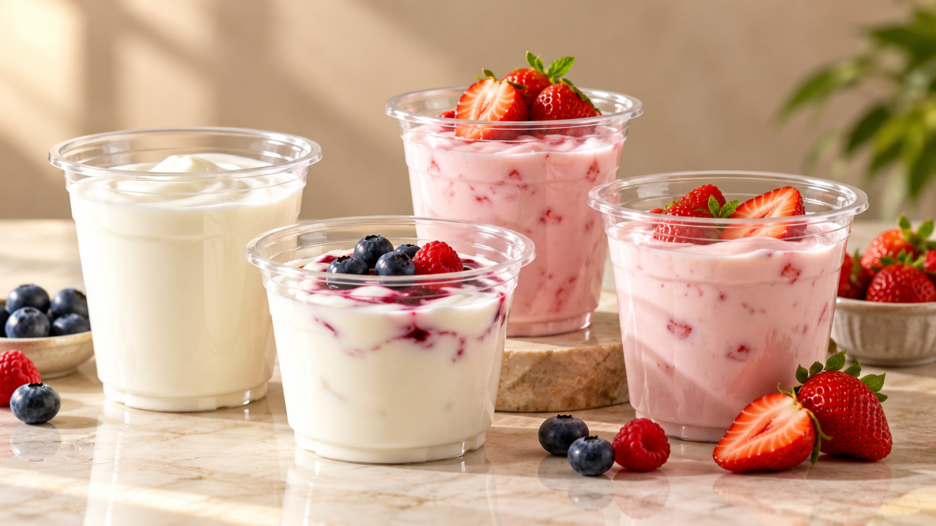 Berry-Topped Yogurt Cups on Marble