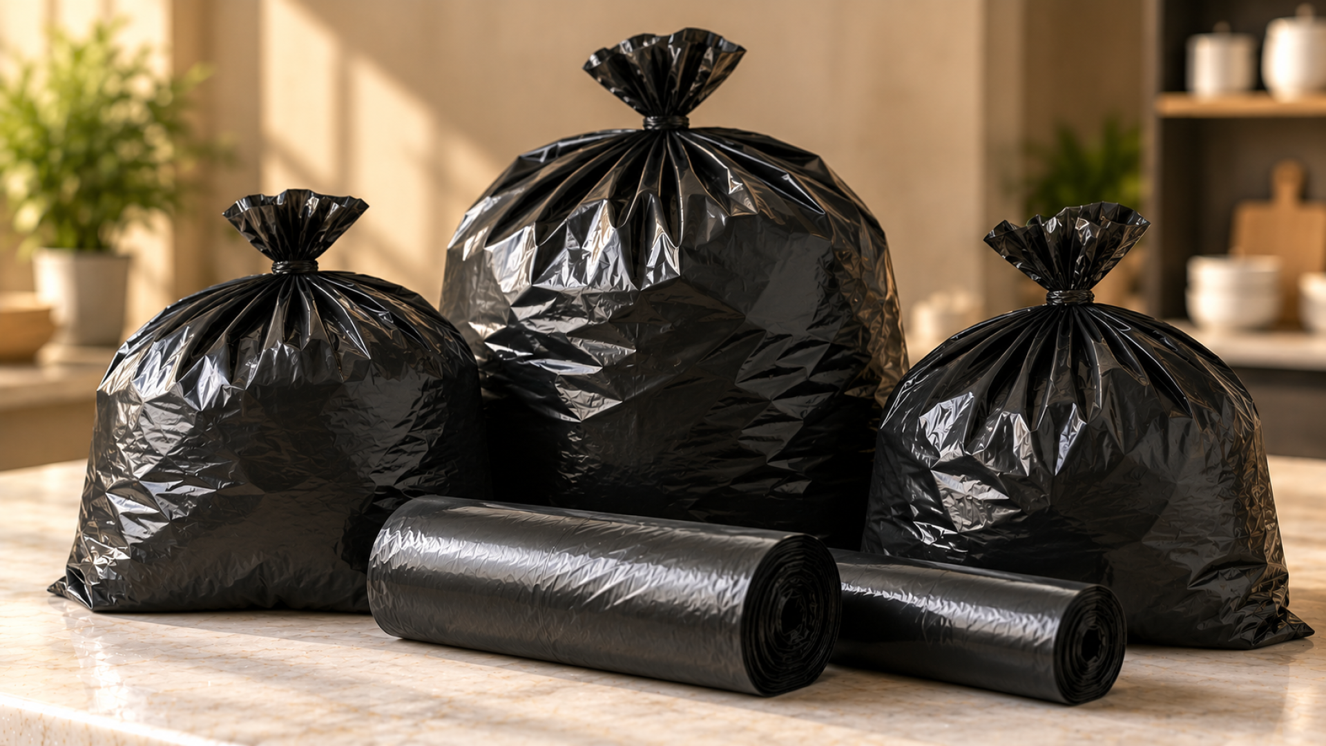 Glossy Black Bin Bags on Marble Countertop