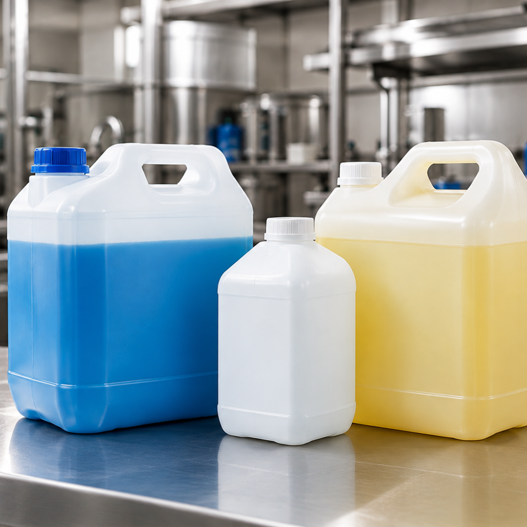 Industrial Cleaning Jerrycans on Stainless Steel