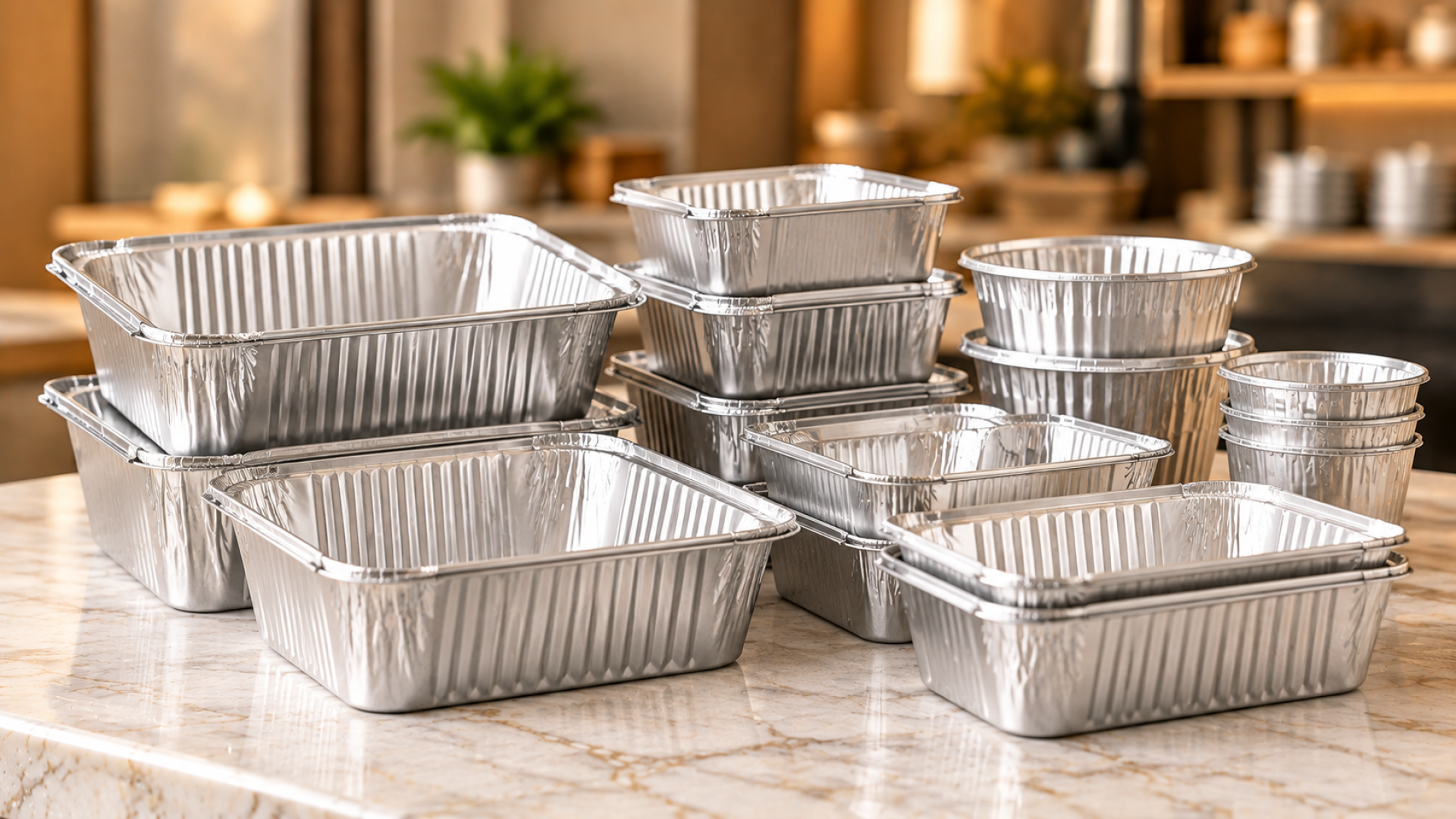 Shimmering Foil Containers in a Warm Kitchen